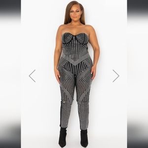 Akira Catch Up And Keep Up Black Jumpsuit Embellished With Rhinestones M.